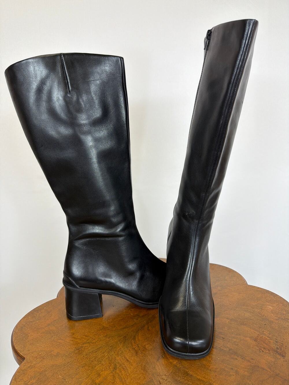 ECCO Black Leather Knee High Boots Chunky Heel Side Zip Square Toe Size 8 Brazil - Picture 1 of 10